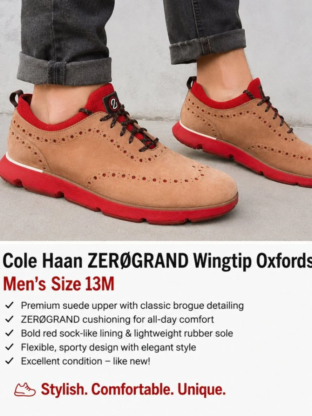 Cole Haan ZERØGRAND Wingtip Oxford Shoes Men's 13M Tan Suede Red C33628 EXCELLEN